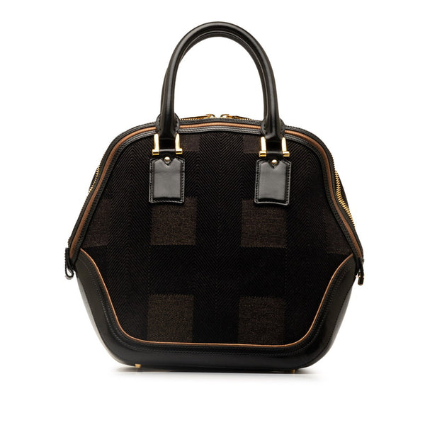 バーバリー チェック リボン ロゴプレート トートバッグ ブラック ブラウン コットン レザー レディース BURBERRY 【中古】