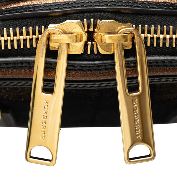 バーバリー チェック リボン ロゴプレート トートバッグ ブラック ブラウン コットン レザー レディース BURBERRY 【中古】
