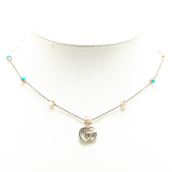 グッチ ダブルG マザーオブパール ネックレス 527399 シルバー ブルー SV925 シルバー レディース GUCCI 【中古】