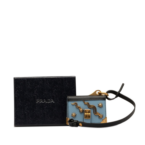 プラダ スタッズ バッグチャーム ブック型 ブックモチーフ メモ帳 ライトブルー ネイビー レザー レディース PRADA 【中古】