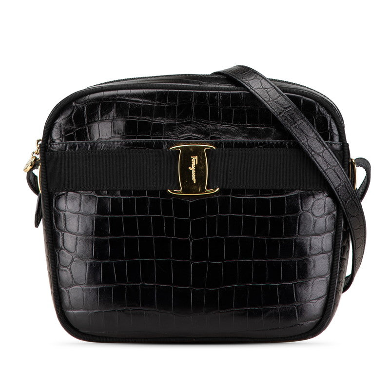 サルヴァトーレフェラガモ ヴァラ クロコ型押し ショルダーバッグ ブラック レザー レディース Salvatore Ferragamo 【中古】