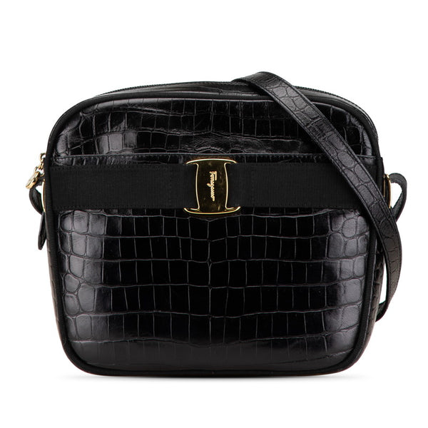 サルヴァトーレフェラガモ ヴァラ クロコ型押し ショルダーバッグ ブラック レザー レディース Salvatore Ferragamo 【中古】
