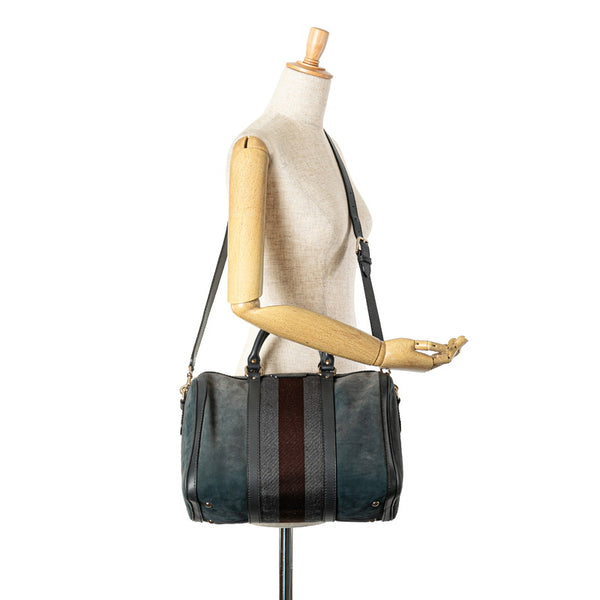 グッチ GGキャンバス シェリーライン ボストンバッグ ショルダーバッグ 2WAY 247205 グレー ブラウン キャンバス レザー レディース GUCCI 【中古】