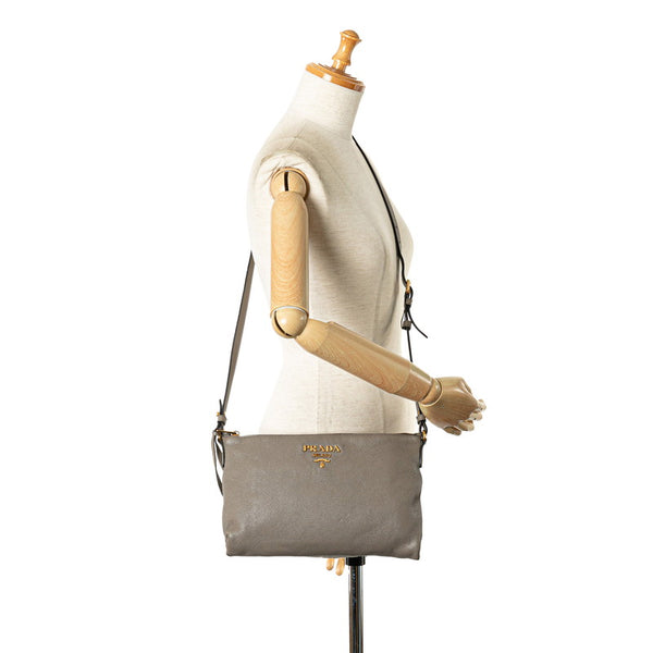 プラダ ロゴ 斜め掛け ショルダーバッグ 1BH050 エトーブ グレージュ レザー レディース PRADA 【中古】