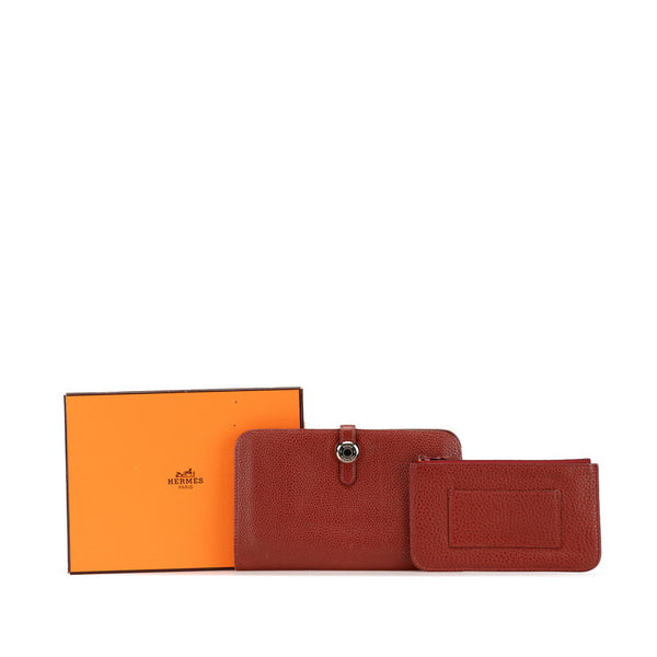 エルメス ドゴンデュオ ドゴンGM 長財布 レッド ブラウン トゴ レディース HERMES 【中古】