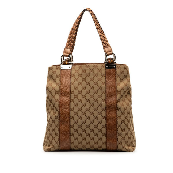 グッチ GGキャンバス バンブー トートバッグ 232946 ベージュ ブラウン キャンバス レザー レディース GUCCI 【中古】