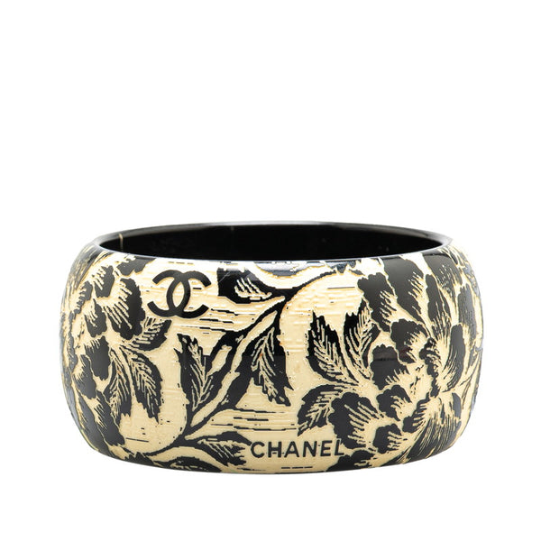 シャネル ココマーク ボタニカル柄 バングル ブラック ホワイト プラスチック レディース CHANEL 【中古】