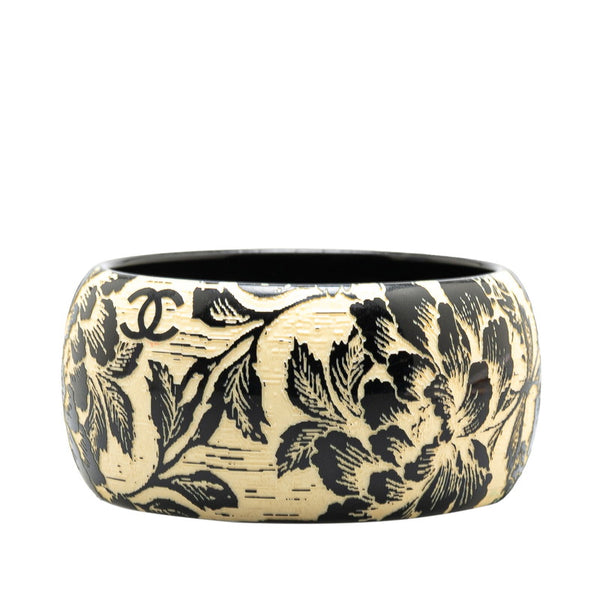 シャネル ココマーク ボタニカル柄 バングル ブラック ホワイト プラスチック レディース CHANEL 【中古】