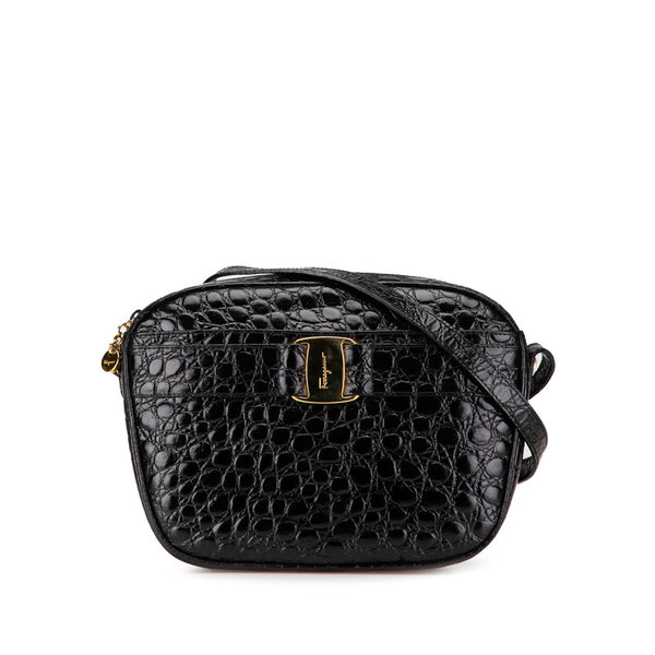 サルヴァトーレフェラガモ 型押し 斜め掛け ショルダーバッグ ブラック レザー レディース Salvatore Ferragamo 【中古】