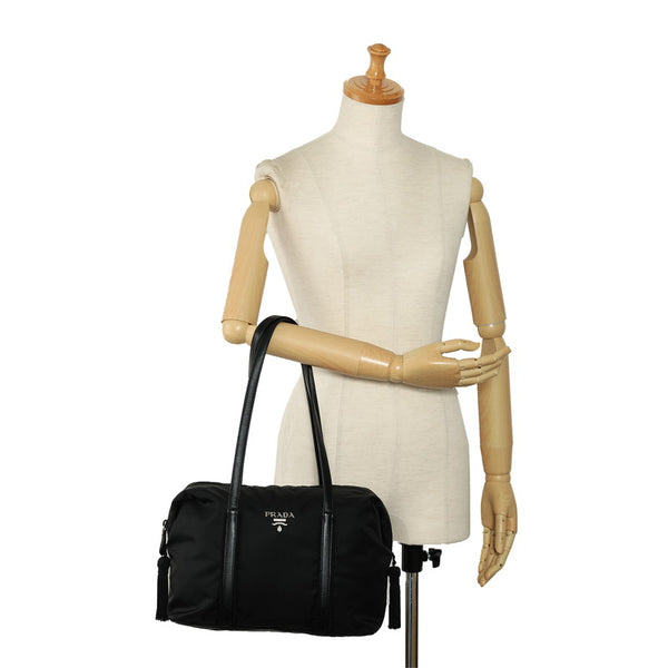 プラダ ロゴ ゴールド金具 ハンドバッグ ブラック ナイロン レザー レディース PRADA 【中古】