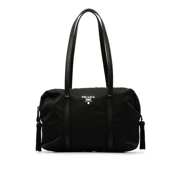 プラダ ロゴ ゴールド金具 ハンドバッグ ブラック ナイロン レザー レディース PRADA 【中古】