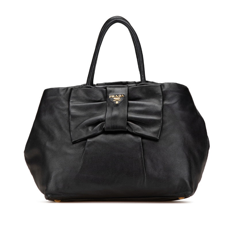 プラダ リボン ハンドバッグ トートバッグ ブラック レザー レディース PRADA 【中古】