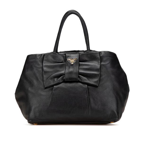 プラダ リボン ハンドバッグ トートバッグ ブラック レザー レディース PRADA 【中古】