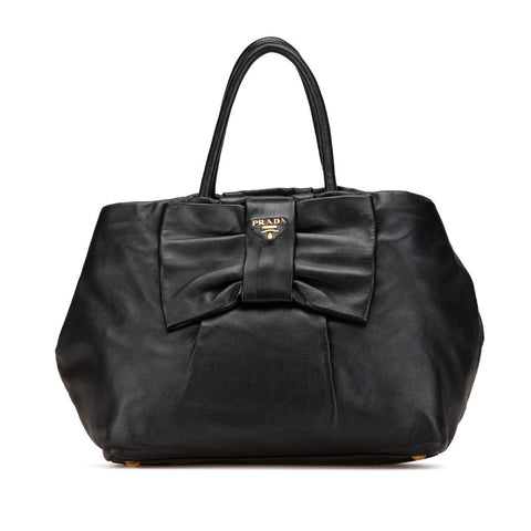プラダ リボン ハンドバッグ トートバッグ ブラック レザー レディース PRADA 【中古】