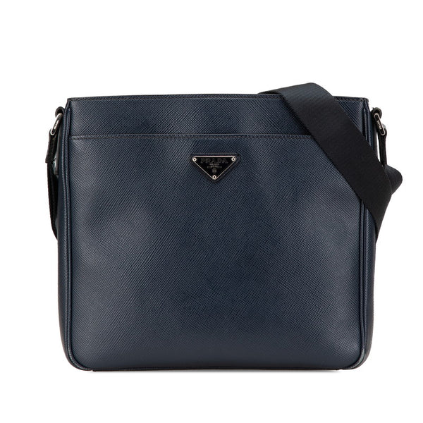 プラダ 三角ロゴプレート サフィアーノ 斜め掛け ショルダーバッグ VA1086 ネイビー レザー レディース PRADA 【中古】