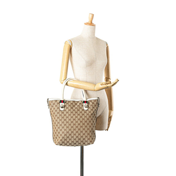 グッチ GGキャンバス シェリーライン トートバッグ 232970 ベージュ ホワイト キャンバス レザー レディース GUCCI 【中古】