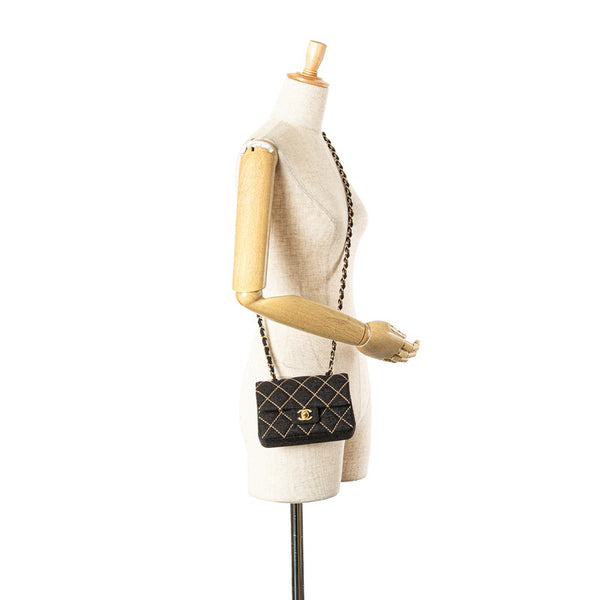 シャネル ワイルドステッチ ミニマトラッセ チェーン ショルダーバッグ グレー ウール レディース CHANEL 【中古】