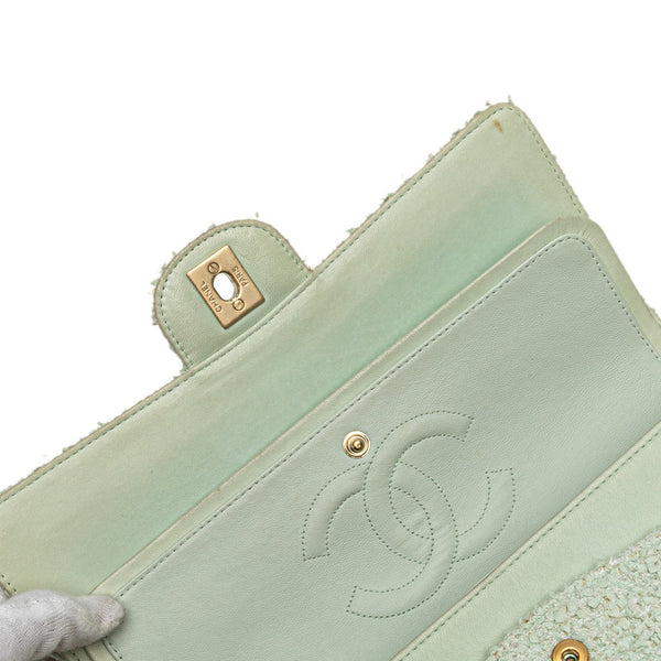シャネル マトラッセ25 ココマーク Wフラップ チェーン ショルダーバッグ グリーン ミント ツイード レザー レディース CHANEL 【中古】