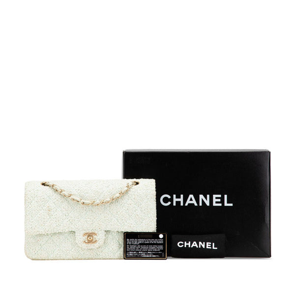 シャネル マトラッセ25 ココマーク Wフラップ チェーン ショルダーバッグ グリーン ミント ツイード レザー レディース CHANEL 【中古】