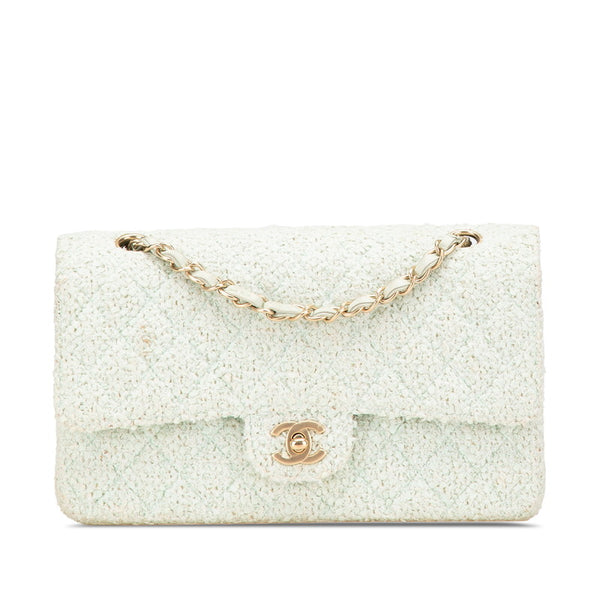 シャネル マトラッセ25 ココマーク Wフラップ チェーン ショルダーバッグ グリーン ミント ツイード レザー レディース CHANEL 【中古】