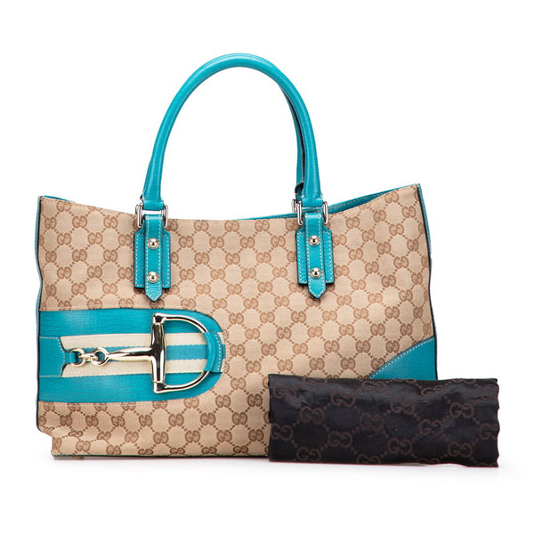 グッチ GGキャンバス ホースビット トートバッグ 137385 ベージュ ブルー キャンバス レザー レディース GUCCI 【中古】