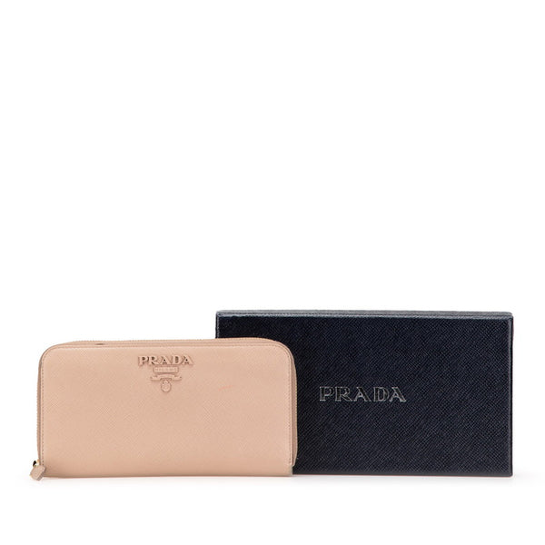 プラダ ラウンドファスナー 長財布 ベージュ ピンク サフィアーノ レザー レディース PRADA 【中古】