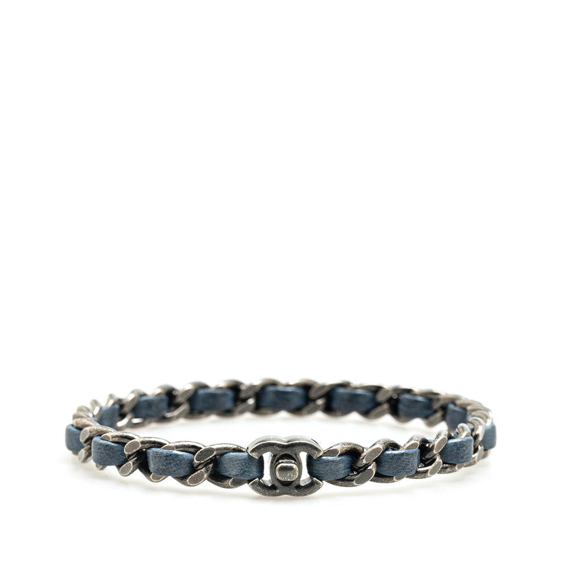 シャネル ココマーク ターンロック チェーン ブレスレット シルバー ネイビー メタル レザー レディース CHANEL 【中古】