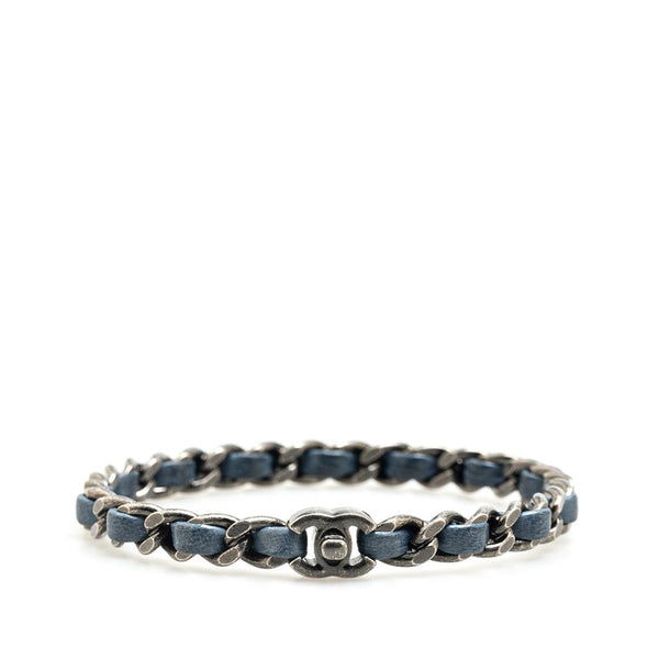 シャネル ココマーク ターンロック チェーン ブレスレット シルバー ネイビー メタル レザー レディース CHANEL 【中古】