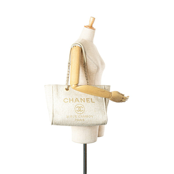 シャネル ドーヴィルMM チェーン トートバッグ ショルダーバッグ ホワイト ゴールド キャンバス レザー レディース CHANEL 【中古】