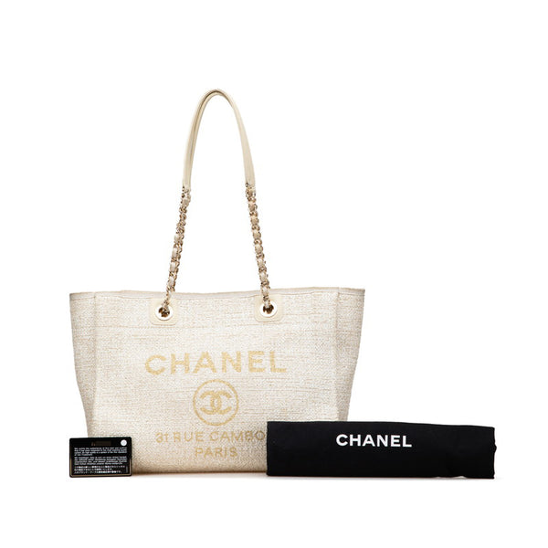 シャネル ドーヴィルMM チェーン トートバッグ ショルダーバッグ ホワイト ゴールド キャンバス レザー レディース CHANEL 【中古】