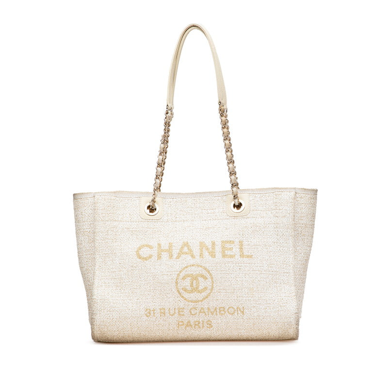 シャネル ドーヴィルMM チェーン トートバッグ ショルダーバッグ ホワイト ゴールド キャンバス レザー レディース CHANEL 【中古】