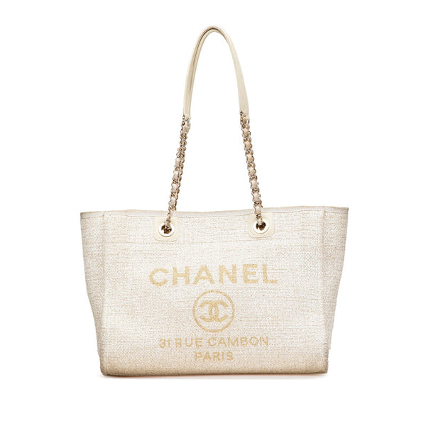 シャネル ドーヴィルMM チェーン トートバッグ ショルダーバッグ ホワイト ゴールド キャンバス レザー レディース CHANEL 【中古】