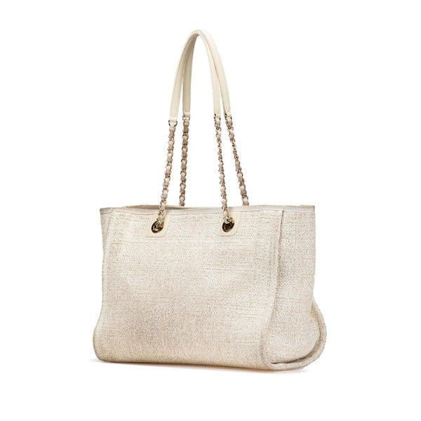 シャネル ドーヴィルMM チェーン トートバッグ ショルダーバッグ ホワイト ゴールド キャンバス レザー レディース CHANEL 【中古】