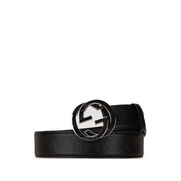 グッチ グッチシマ インターロッキングG ベルト 95/38 525040 ブラック シルバー レザー メンズ GUCCI 【中古】