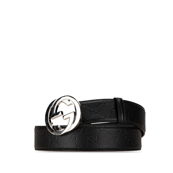 グッチ グッチシマ インターロッキングG ベルト 95/38 525040 ブラック シルバー レザー メンズ GUCCI 【中古】