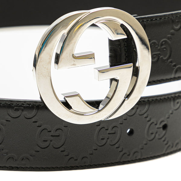 グッチ グッチシマ インターロッキングG ベルト 95/38 525040 ブラック シルバー レザー メンズ GUCCI 【中古】
