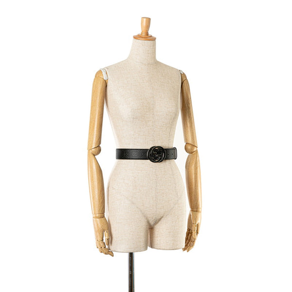 グッチ グッチシマ インターロッキングG ベルト 95/38 525040 ブラック シルバー レザー メンズ GUCCI 【中古】