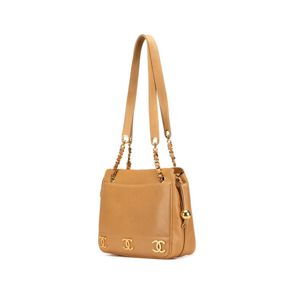 シャネル トリプルココマーク チェーン トートバッグ ショルダーバッグ ベージュ キャビアスキン レディース CHANEL 【中古】