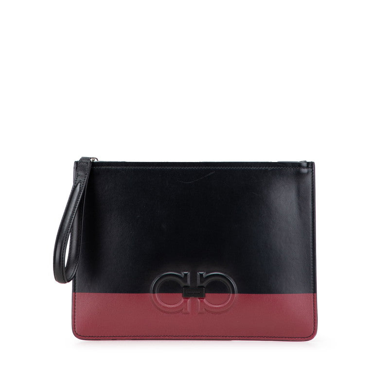 サルヴァトーレフェラガモ ガンチーニ クラッチバッグ GG-24 A233 ブラック ワインレッド バイカラー レザー レディース Salvatore Ferragamo 【中古】