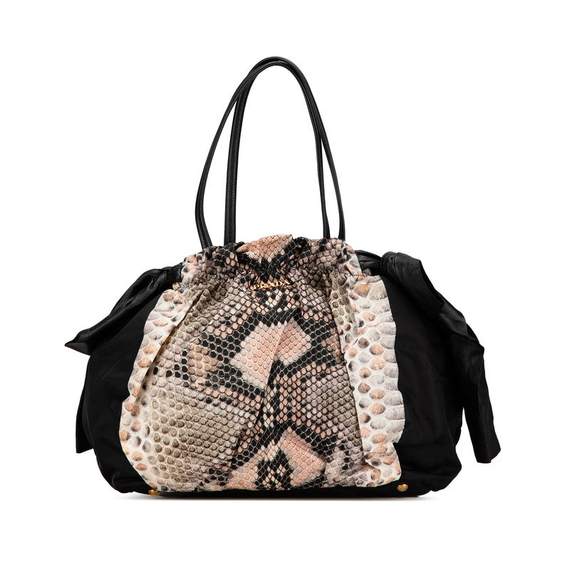 プラダ リボン パイソン モチーフ ハンドバッグ BR4206 ブラック ベージュ ナイロン レザー レディース PRADA 【中古】