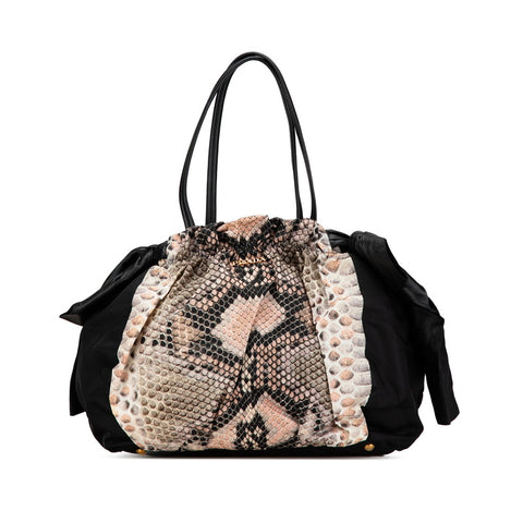 プラダ リボン パイソン モチーフ ハンドバッグ BR4206 ブラック ベージュ ナイロン レザー レディース PRADA 【中古】