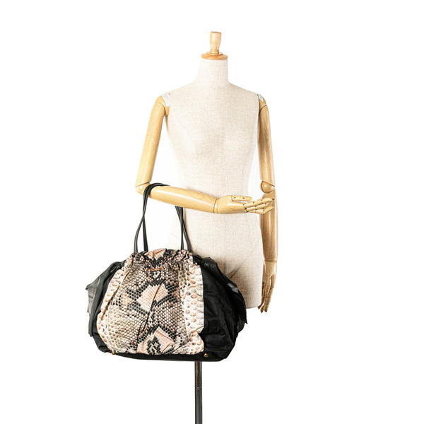 プラダ リボン パイソン モチーフ ハンドバッグ BR4206 ブラック ベージュ ナイロン レザー レディース PRADA 【中古】