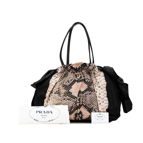 プラダ リボン パイソン モチーフ ハンドバッグ BR4206 ブラック ベージュ ナイロン レザー レディース PRADA 【中古】