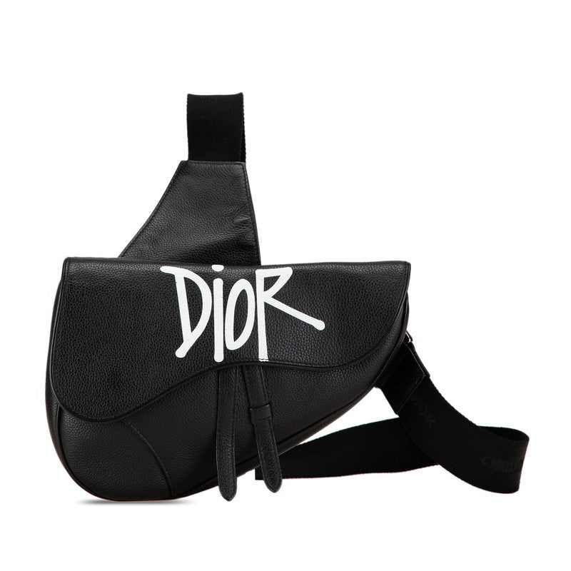 ディオール × ステューシー ロゴ サドルバッグ ボディバッグ ブラック カーフレザー メンズ Dior 【中古】