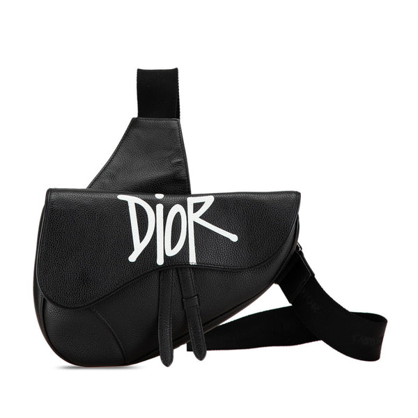 ディオール × ステューシー ロゴ サドルバッグ ボディバッグ ブラック カーフレザー メンズ Dior 【中古】