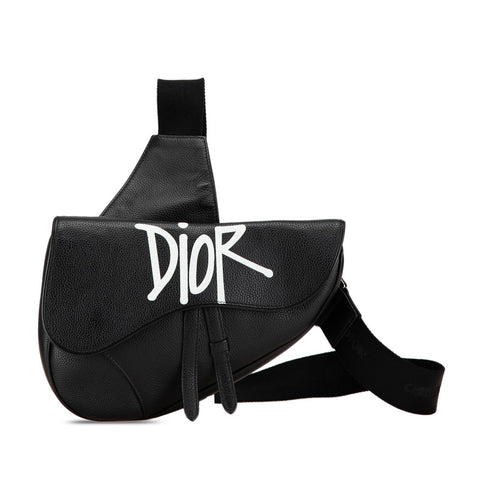 ディオール × ステューシー ロゴ サドルバッグ ボディバッグ ブラック カーフレザー メンズ Dior 【中古】