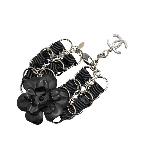 シャネル カメリア ブレスレット ブラック シルバー プラスチック メタル レディース CHANEL 【中古】