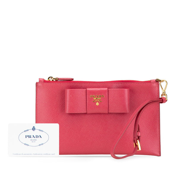 プラダ リボン ロゴ サフィアーノ ポーチ コスメポーチ 小物入れ 1MB441 ピンク レザー レディース PRADA 【中古】