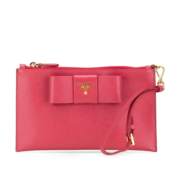 プラダ リボン ロゴ サフィアーノ ポーチ コスメポーチ 小物入れ 1MB441 ピンク レザー レディース PRADA 【中古】
