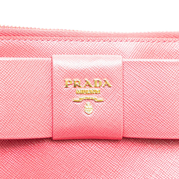 プラダ リボン ロゴ サフィアーノ ポーチ コスメポーチ 小物入れ 1MB441 ピンク レザー レディース PRADA 【中古】